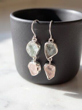 Raw Aquamarine and Rose Quartz Drop Earrings, Sterling Silver